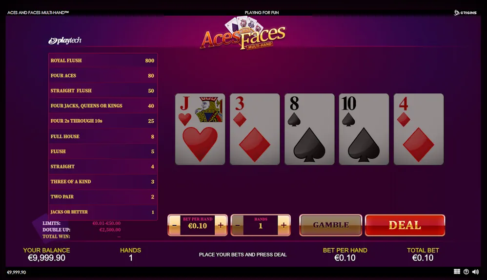 Aces and Faces Video Poker Gameplay Screenshot